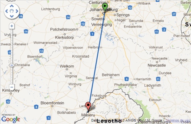 Ruta del vuelo entre Johannesburgo y Maseru (Fuente Google)